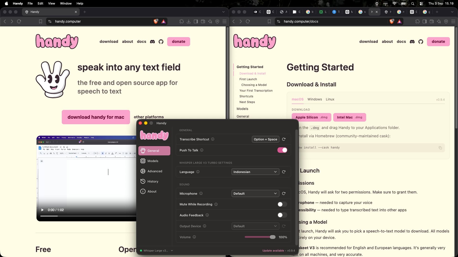 Handy dan pengaturannya ketika saya uji di macOS