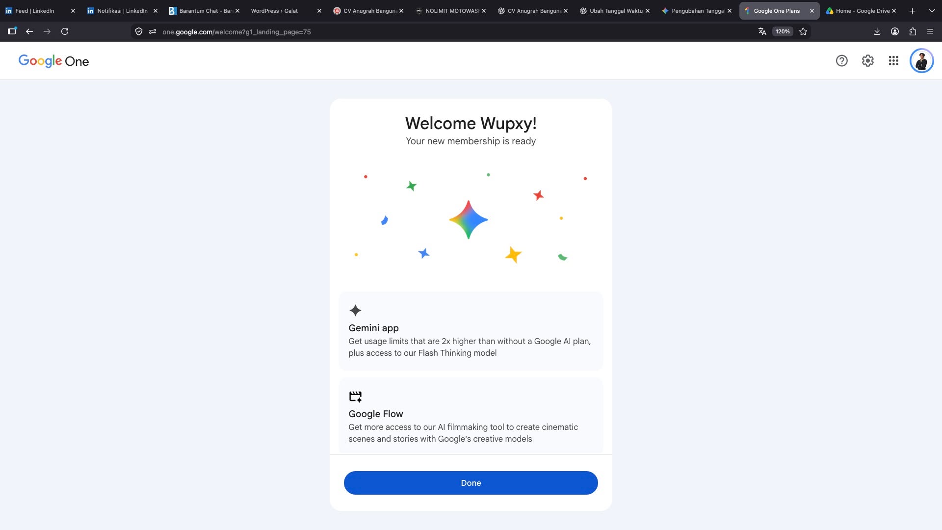 Konfirmasi benefit pada akun Google saya setelah verifikasi
